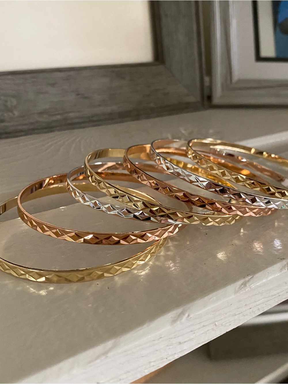 Tri-Tone Faceted Women’s Bangle Set — Gold, Rose Gold & Silver